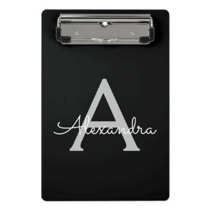 Black Silver Modern Script Girly Monogram Name Mini Clipboard