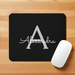 Black Silver Modern Script Girly Monogram Name Mouse Pad<br><div class="desc">Silver and Black Monogram Add Your Own Name Mousepad (Mouse Pad). This makes the perfect sweet 16 birthday, wedding, bridal shower, anniversary, baby shower or bachelorette party gift for someone that loves glam luxury and chic styles.</div>