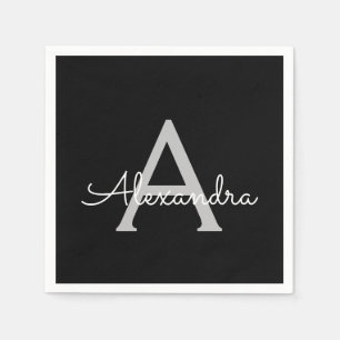 Black Silver Modern Script Girly Monogram Name Napkin