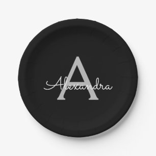 Black Silver Modern Script Girly Monogram Name Paper Plate