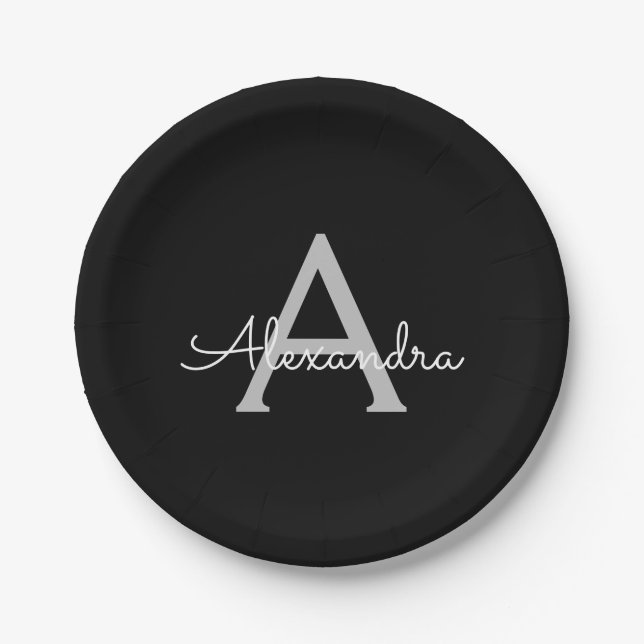 Black Silver Modern Script Girly Monogram Name Paper Plate (Front)