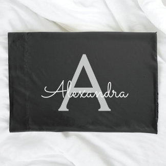 Black Silver Modern Script Girly Monogram Name Pillowcase