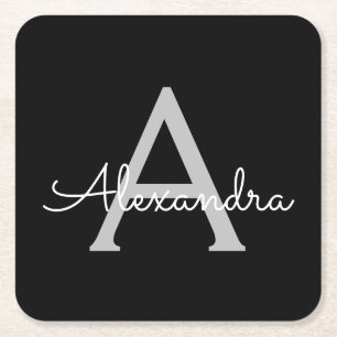 Black Silver Modern Script Girly Monogram Name Square Paper Coaster