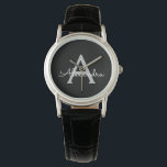 Black Silver Modern Script Girly Monogram Name Watch<br><div class="desc">Black and Silver Simple Script Monogram Name Watch. This makes the perfect graduation,  birthday,  wedding,  bridal shower,  anniversary,  baby shower or bachelorette party gift for someone that loves glam luxury and chic styles.</div>