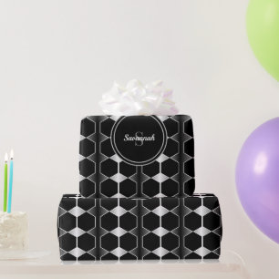 Black & silver Monogram Geometric Hexagon Pattern  Wrapping Paper