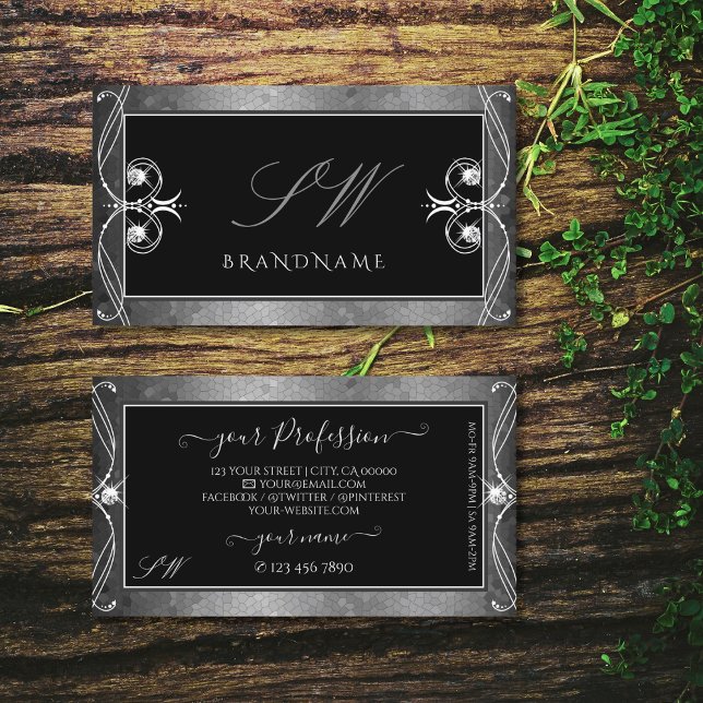 Black Silver Mosaic Ornate Sparkle Jewels Initials Business Card (Creator Uploaded)