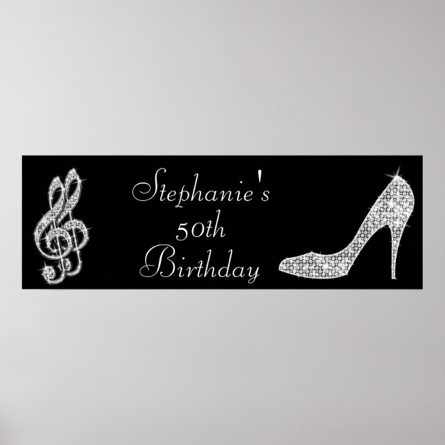 Black/Silver Music Note & Stiletto 50th Birthday Poster (Front)