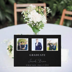 Black silver name script photo Graduation Guest Book