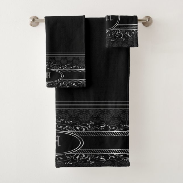 Black & Silver Ornate Gothic Monogrammed Bath Towel Set (Insitu)