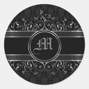 Black & Silver Ornate Gothic Monogrammed Classic Round Sticker