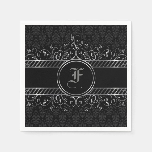 Black & Silver Ornate Gothic Monogrammed  Napkin (Front)