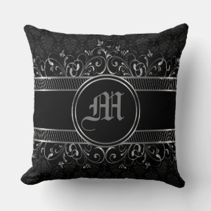 Black & Silver Ornate Gothic Monogrammed Throw Pillow