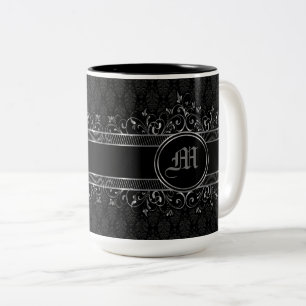 Black & Silver Ornate Gothic Monogrammed Two-Tone Coffee Mug