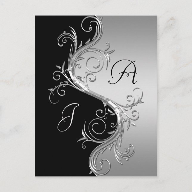 Black Silver Ornate Swirls Save The Date Announcement Postcard (Front)