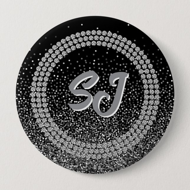 Black & Silver Pageant Button Luxury Monogram (Front)