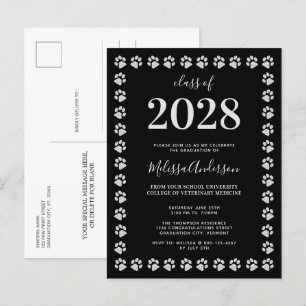 Black Silver Paw Prints Graduation Invitation Postcard