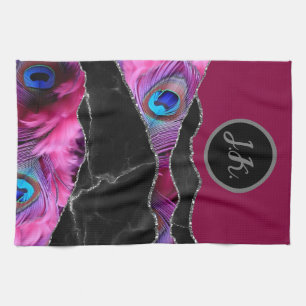 Black Silver Peafowl Marble Agate Glam Kitchen Towel