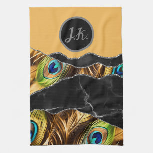 Black Silver Peafowl Marble Agate Glam Kitchen Towel