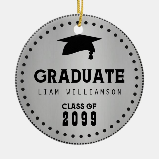 Black Silver Personalized Graduation Masculine Ceramic Ornament (Front)