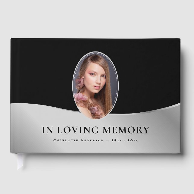 Black Silver Photo Memorial Funeral Guest Book (Front)