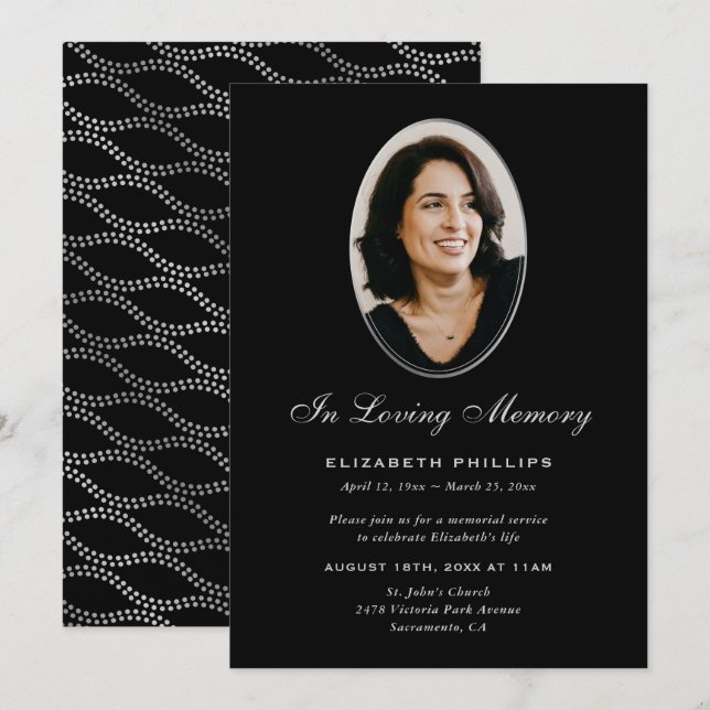 Black Silver Photo Memorial In Loving Memory Invitation (Front/Back)
