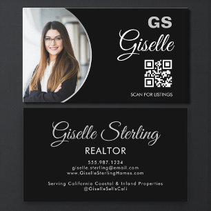Black Silver Photo Monogram Realtor QR Code Business Card