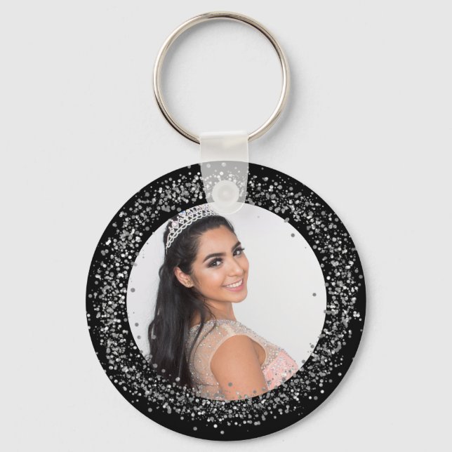 Black silver photo sparkles keychain (Front)