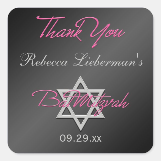 Black, Silver, Pink 1.5" Sq. Bat Mitzvah Sticker (Front)