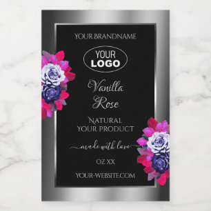 Black Silver Product Labels Blue Pink Roses Logo