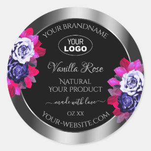 Black Silver Product Labels Blue Pink Roses Logo