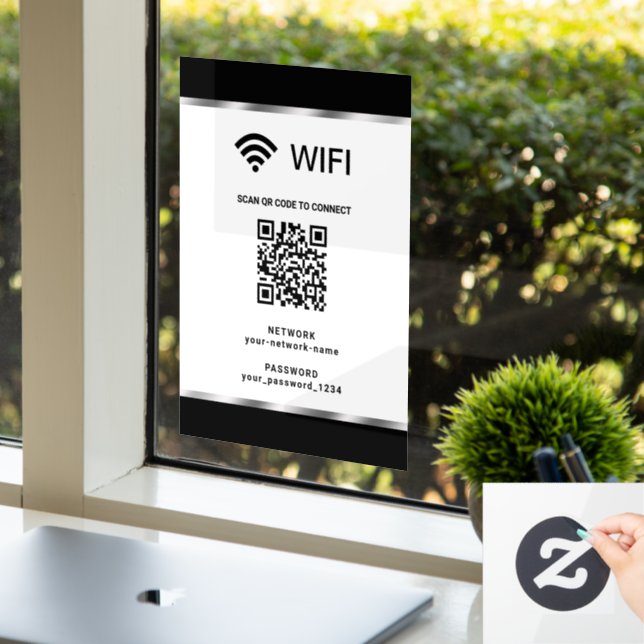 Black Silver QR Code Wifi Network and Password Window Cling (Office)