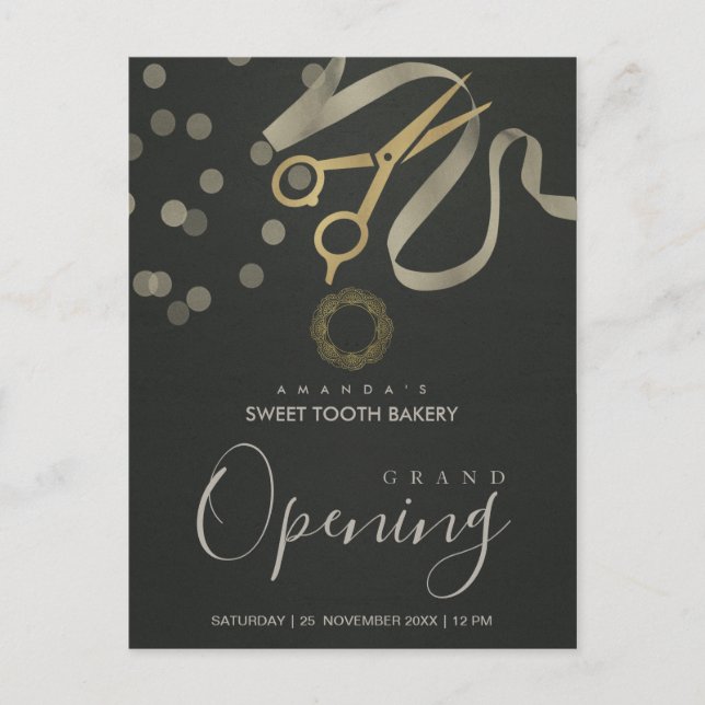 BLACK SILVER RIBBON CUTTING GRAND OPENING INVITE POSTCARD (Front)
