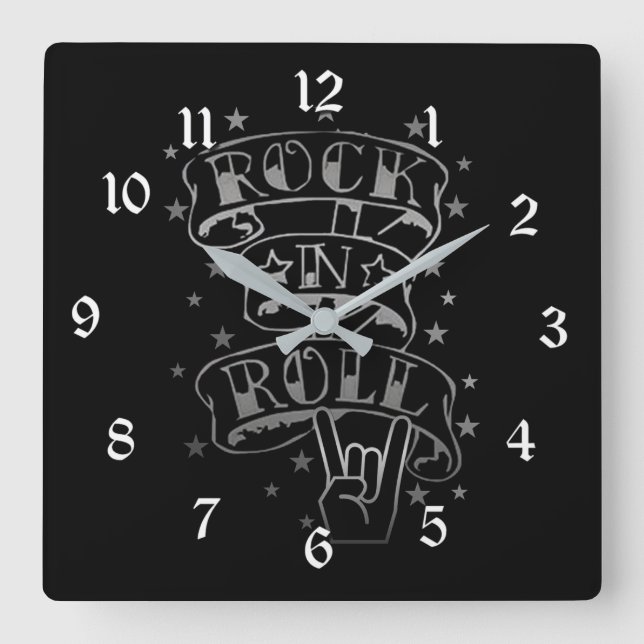Black & Silver Rock & Roll Logo Square Wall Clock (Front)