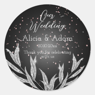 Black, Silver & Rose Gold Glitter Wedding Classic Round Sticker