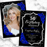 Black Silver Royal Blue Photo 50th Birthday Invitation<br><div class="desc">Elegant floral 50th birthday invitation with your photo at the back of the card. Glam black and royal blue design with faux glitter silver. Features sapphire blue roses, script font and confetti. Perfect for a stylish adult bday celebration party. Personalise with your own details. Can be customised for any age!...</div>