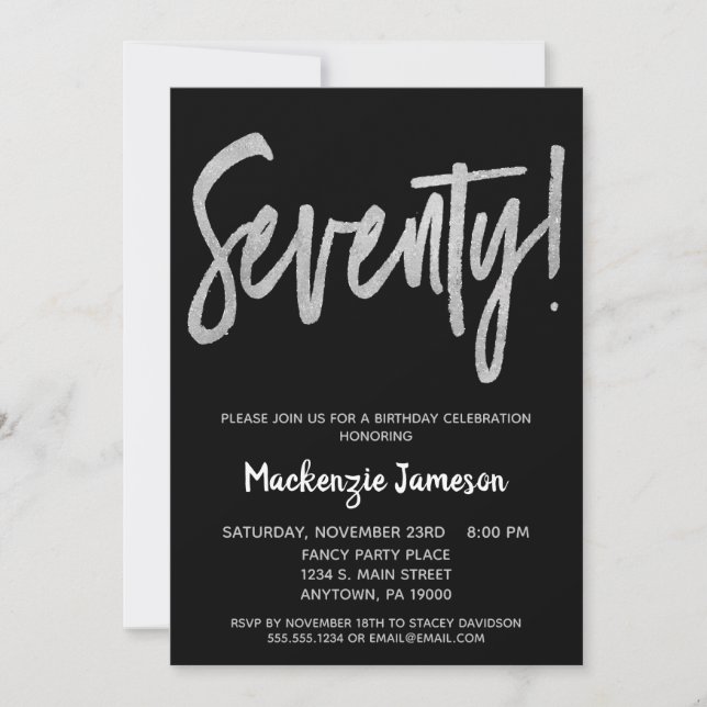 Black Silver Script 70th Birthday Party Invitation (Front)