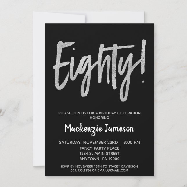 Black Silver Script 80th Birthday Party Invitation (Front)