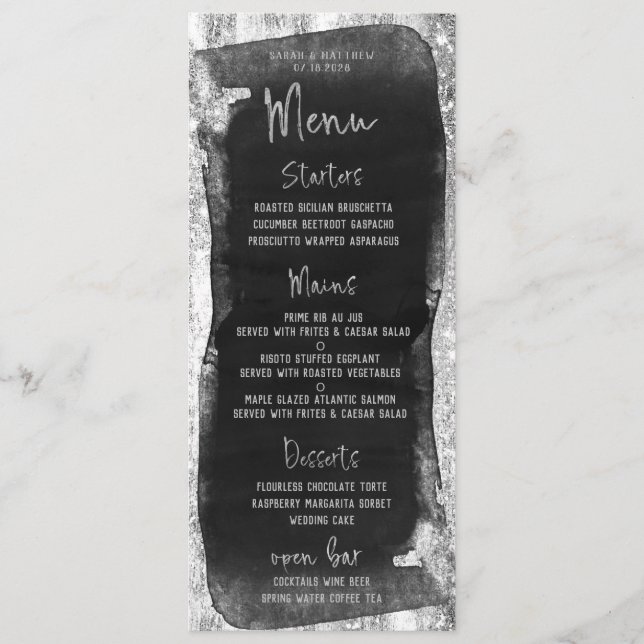 Black & Silver Script Calligraphy Glam Menu (Front)