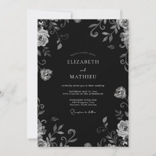 Black Silver Scroll Eucalyptus Wedding Invitation