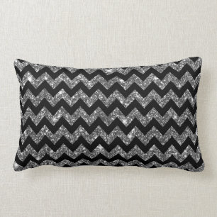 Black Silver Shining Faux Glitter Chevron Pattern Lumbar Pillow