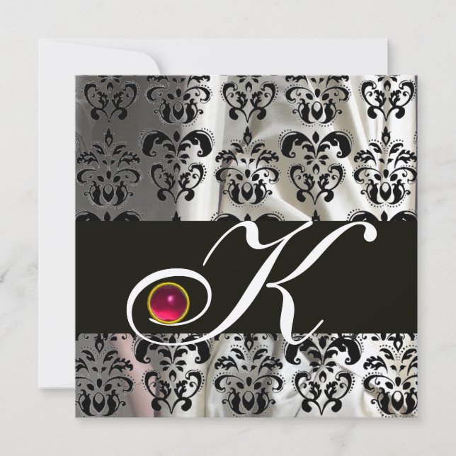 BLACK SILVER SILK DAMASK CLOTH MONOGRAM PINK RUBY INVITATION (Front)