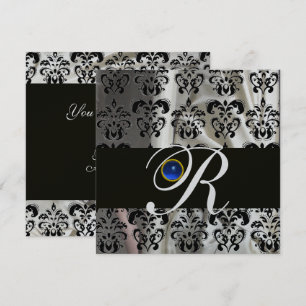 BLACK SILVER SILK DAMASK  MONOGRAM BLUE SAPPHIRE INVITATION