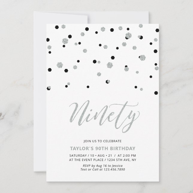 Black & Silver Simple Ninety 90th Birthday Party Invitation (Front)