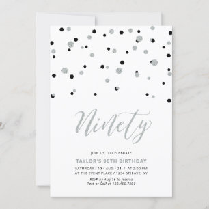 Black & Silver Simple Ninety 90th Birthday Party Invitation