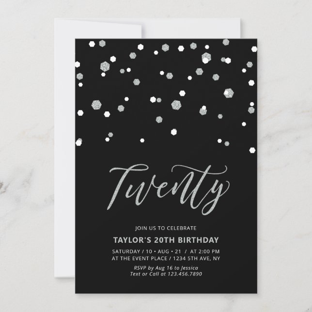 Black & Silver Simple Twenty 20th Birthday Party I Invitation (Front)
