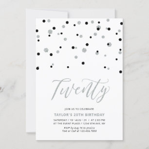 Black & Silver Simple Twenty 20th Birthday Party Invitation