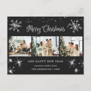 Black Silver Snowflake 3 Photo Collage Holiday Postcard
