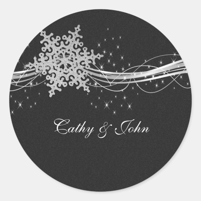 black Silver Snowflakes wedding favour stickers (Front)