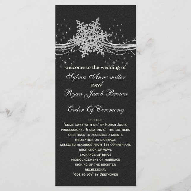 black Silver Snowflakes wedding programs length (Front)