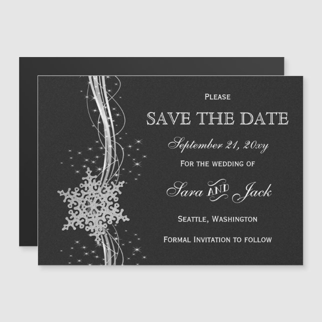 black Silver Snowflakes Winter save the date Magnetic Invitation (Front/Back)